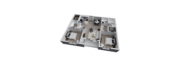 A 3D floor plan of a house with a living room, kitchen, and two bedrooms.