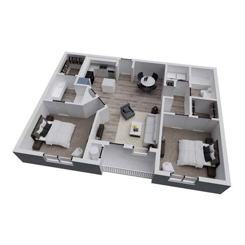 A 3D floor plan of a house with a living room, kitchen, and two bedrooms.