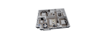 A 3D floor plan of a house with a living room, kitchen, and two bedrooms.