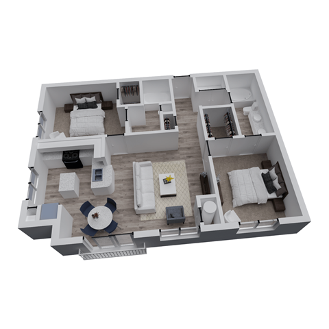 A 3D floor plan of a house with a living room, kitchen, and two bedrooms.