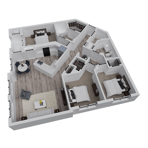 A 3D floor plan of a house with multiple rooms and furniture.