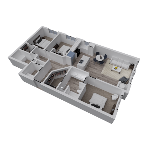 A 3D floor plan of a house with multiple rooms.