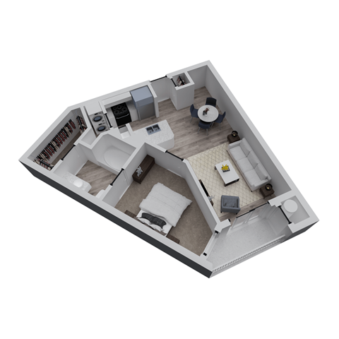 A top-down view of a small, neatly organized apartment.
