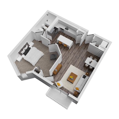 A 3D floor plan of a house with a kitchen, living room, and two bedrooms.