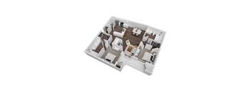 A 3D floor plan of a house with a living room, kitchen, and dining area.