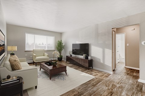A living room with a couch, chair, and television.