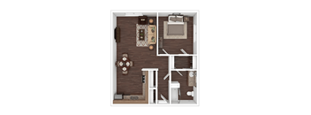 A top-down view of a small apartment with a kitchen, living room, and bathroom.