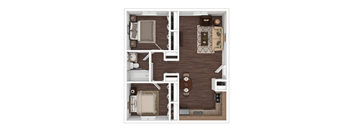 A top down view of a small apartment with a kitchen, living room, and two bedrooms.
