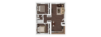 A top down view of a small apartment with two bedrooms and a living room.