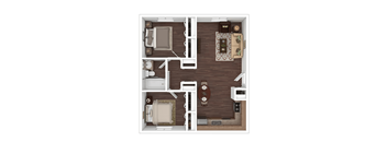 A top-down view of a small apartment with a kitchen, living room, and two bedrooms.