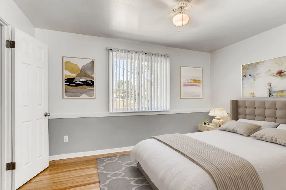 model bedroom with modern look in model home with window model bedroom with modern look in model home with window