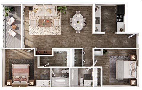 a 2 bedroom floor plan with a bathroom and a living room