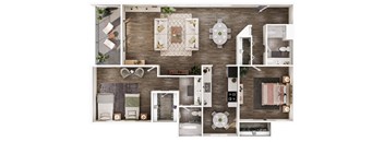 3d floor plan of a house with furniture and a bedroom