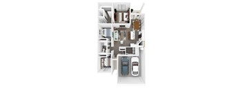 A top-down view of a modern apartment with a kitchen, living room, and two bedrooms.