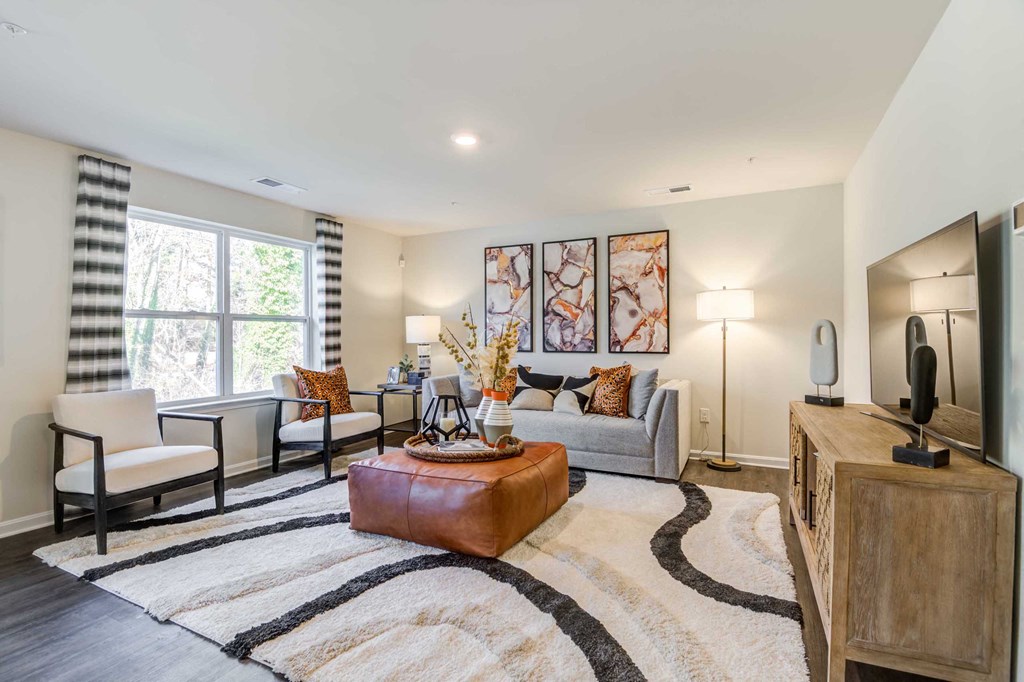 a living room with couches and chairs and a rug