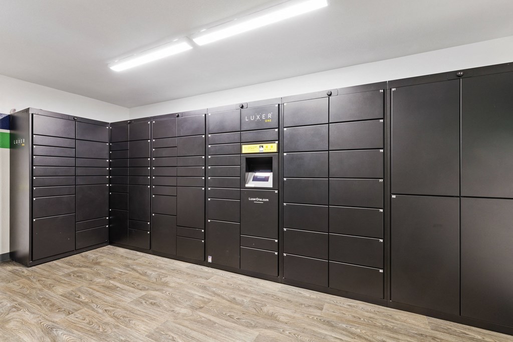 a bunch of lockers in a room with a wooden floor and a wall of