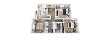 A floor plan of a small apartment with a kitchen, living room, bedroom, and bathroom.