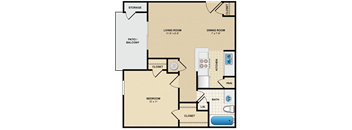 A floor plan of a home with a living room, dining room, bedroom, and bathroom.