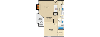 A floor plan of a small apartment with a living room, dining room, kitchen, bath, bedroom, and storage area.