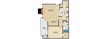 A floor plan of a small apartment with a living room, dining room, bedroom, and bathroom.