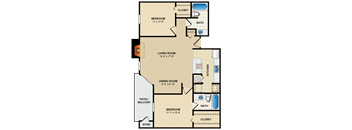 A floor plan of a home with a living room, dining room, kitchen, and two bedrooms.