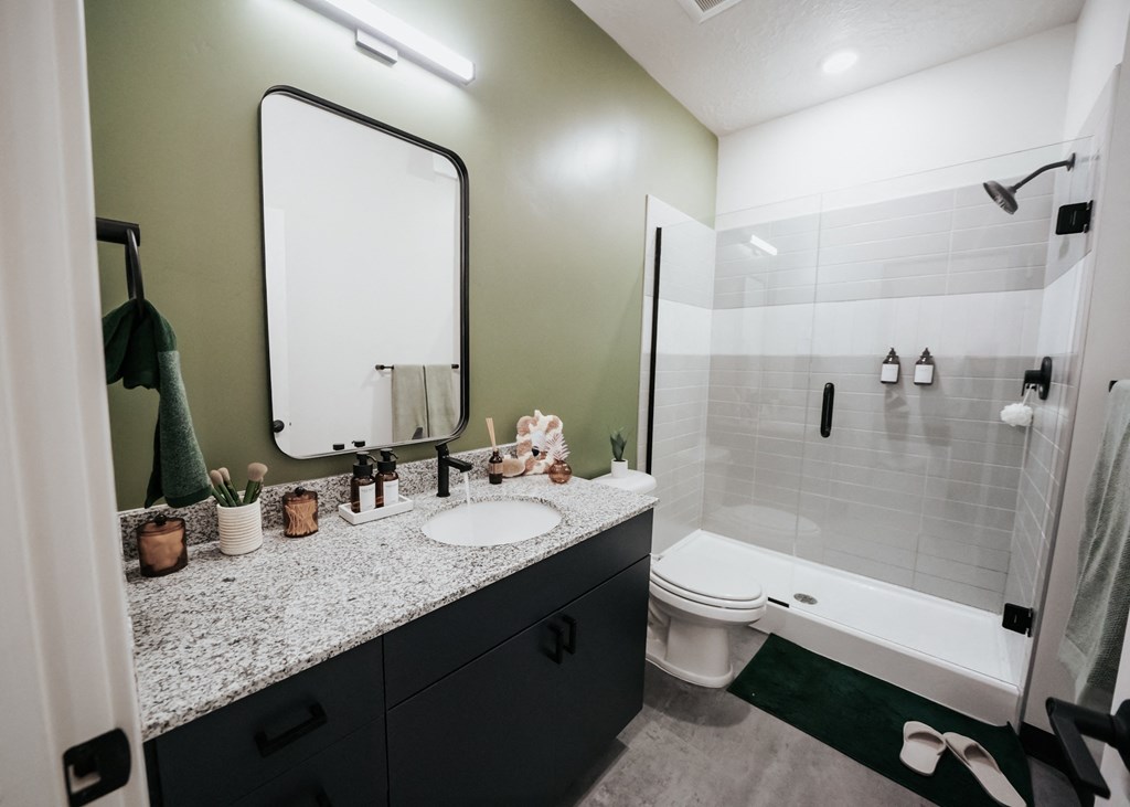 a bathroom with a sink and a toilet and a shower