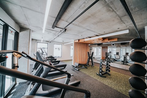 a gym with treadmills and other exercise equipment in a room with windows
