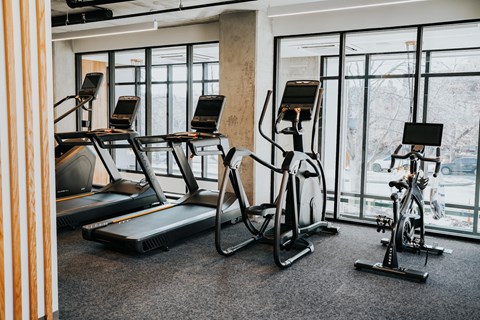 a group of treadmills and other exercise equipment in a gym