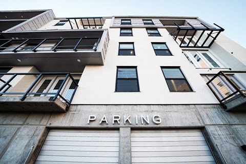 a parking garage on the side of a building