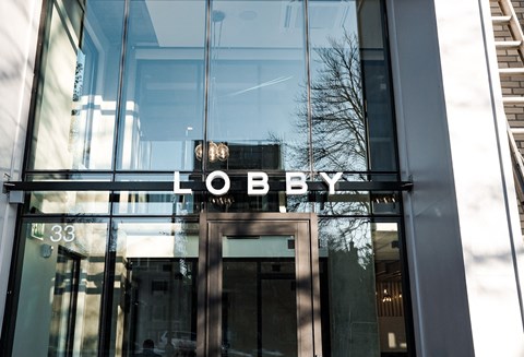 the front of a building with the logo on it