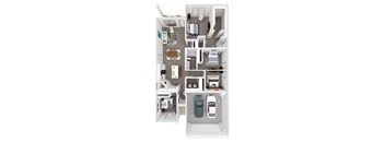 A 3D floor plan of a house with a kitchen, living room, bedrooms, and a garage.