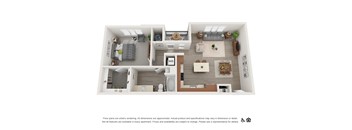 A floor plan of a small apartment with a kitchen, living room, and bedroom.