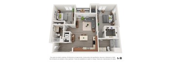 A floor plan of an apartment with a kitchen, living room, and two bedrooms.