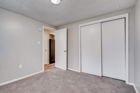 a bedroom with mirrored closet doors and carpeted flooring