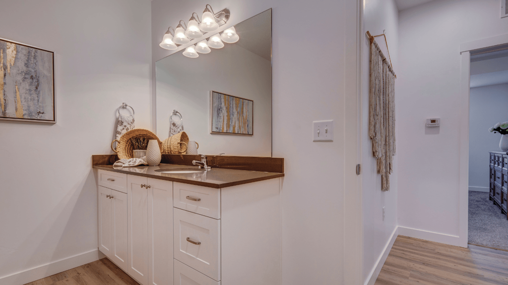 A bathroom with a white vanity and a mirror above it.