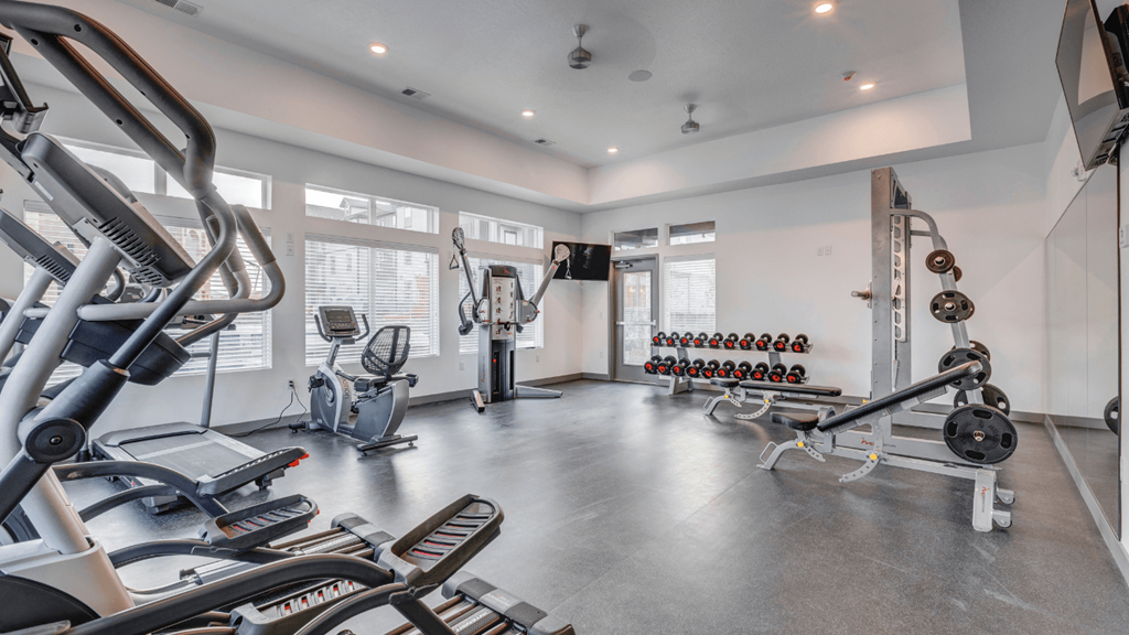 A spacious gym with a variety of equipment including treadmills, weights, and exercise machines.