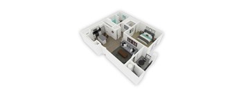A 3D floor plan of a small apartment with a bedroom, living room, kitchen, and bathroom.