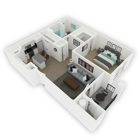 A 3D floor plan of a small apartment with a bedroom, living room, kitchen, and bathroom.