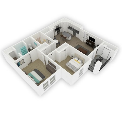 A 3D floor plan of a house with multiple rooms.