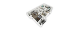 A 3D floor plan of a house with a kitchen, living room, and bedrooms.