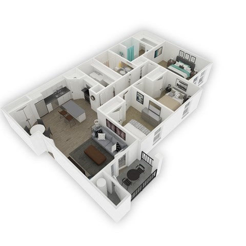 A 3D floor plan of a house with a kitchen, living room, and bedrooms.