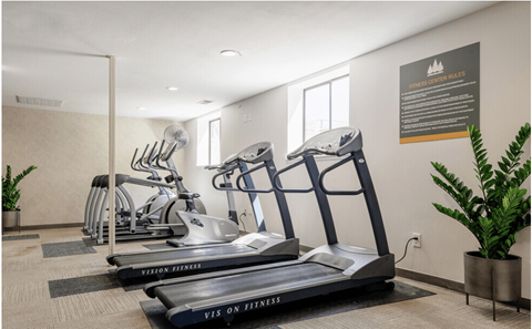 A gym with treadmills and exercise bikes.