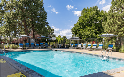 A large swimming pool surrounded by trees and chairs.