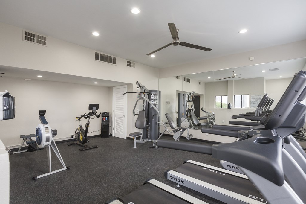 a gym with treadmills and other exercise equipment