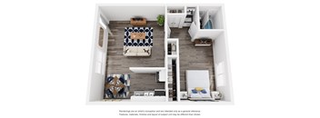 A modern apartment with a kitchen, living room, and bedroom.