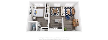 A top-down view of a modern, well-organized living space with a kitchen, dining area, and a cozy seating area.