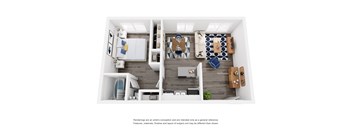 A modern apartment layout with a kitchen, living room, and two bedrooms.