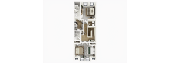 A top down view of a house with a kitchen, living room, and two bedrooms.