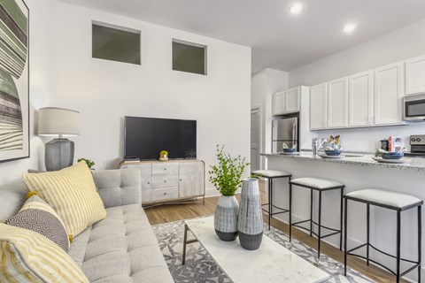 A modern living room with a grey couch and a grey coffee table.