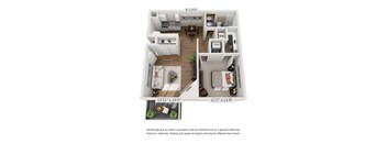 A floor plan of a small apartment with a kitchen, living room, and bathroom.